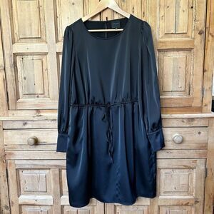 Alex Marie 10 Black Dress Long‎ Sleeves Belted Satin Tie Waist Classic LBD
